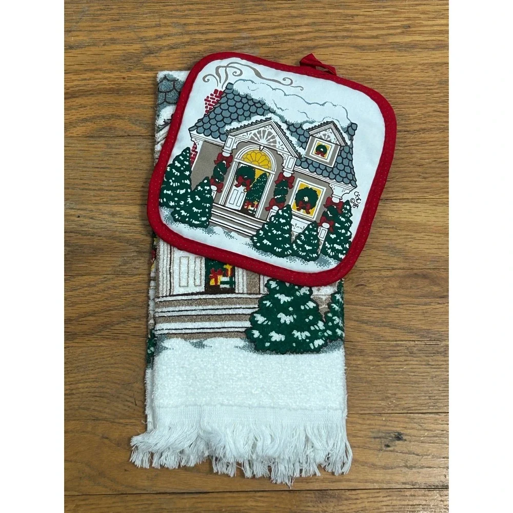 Vintage Christmas Kitchen Towel Potholder Set Cannon USA Holiday Cottagecore NOS